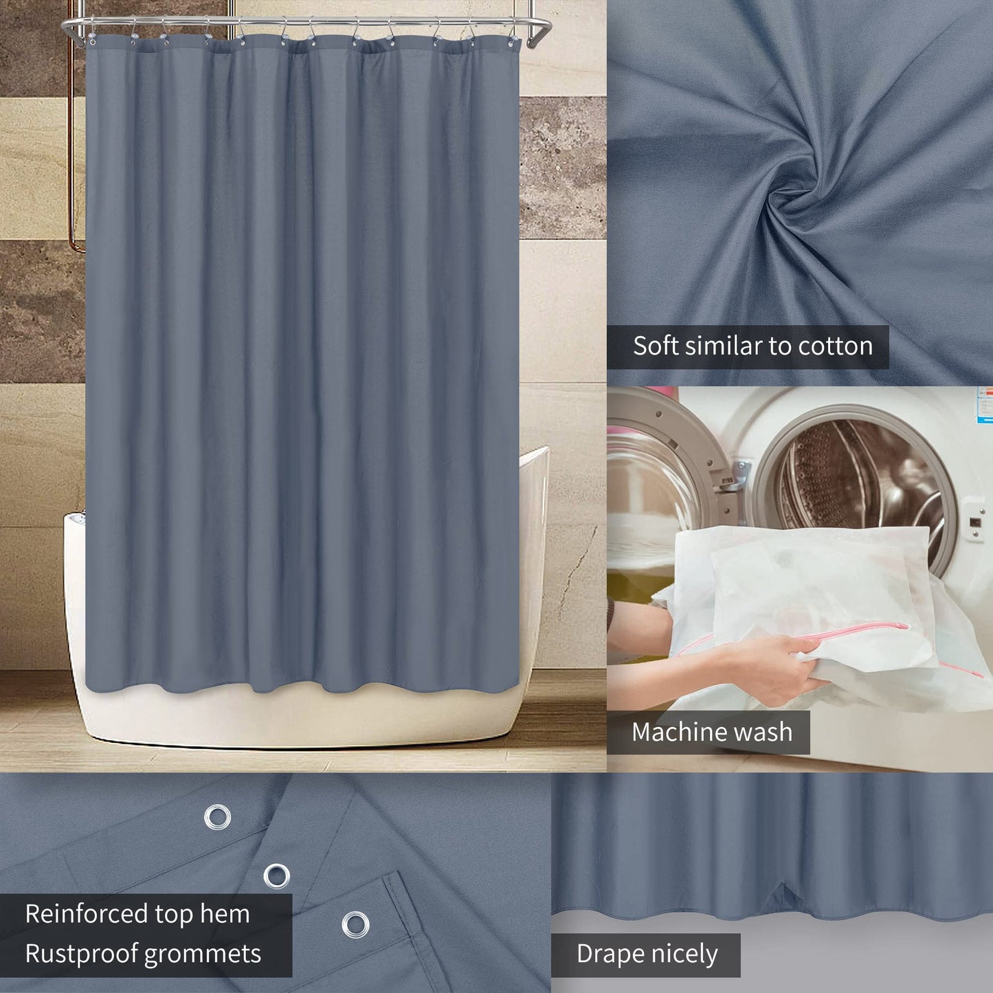 ALYVIA SPRING Blue Fabric Shower Curtain Liner Waterproof - Soft & Light-Weight Cloth Shower Liner with 3 Magnets, Hotel Quality & Machine Washable - Standard Size 72x72, Stone Blue