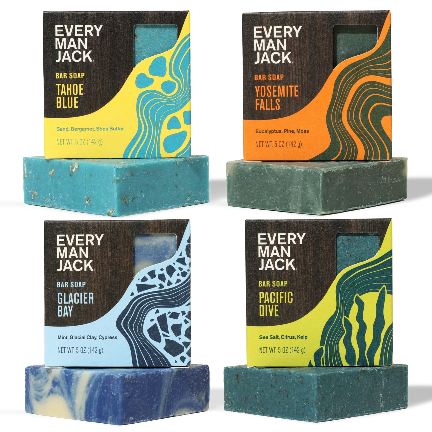 Every Man Jack Cold Plunge Mens Bar Soap Set - Deeply Cleans, Hydrates with Naturally Derived Ingredients - Iconic Cold Water Scents - Pacific Dive, Glacier Bay, Tahoe Blue, Yosemite Falls, 4 Bar Set