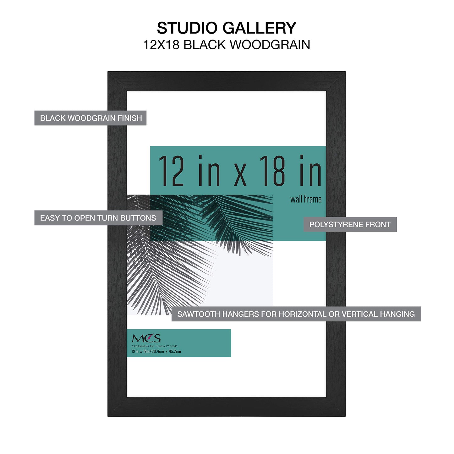 MCS Studio Gallery 12x18 Picture Frame Black Woodgrain, Rectangle Photo Frame for Photos, Posters & Art Prints (1-Pack)