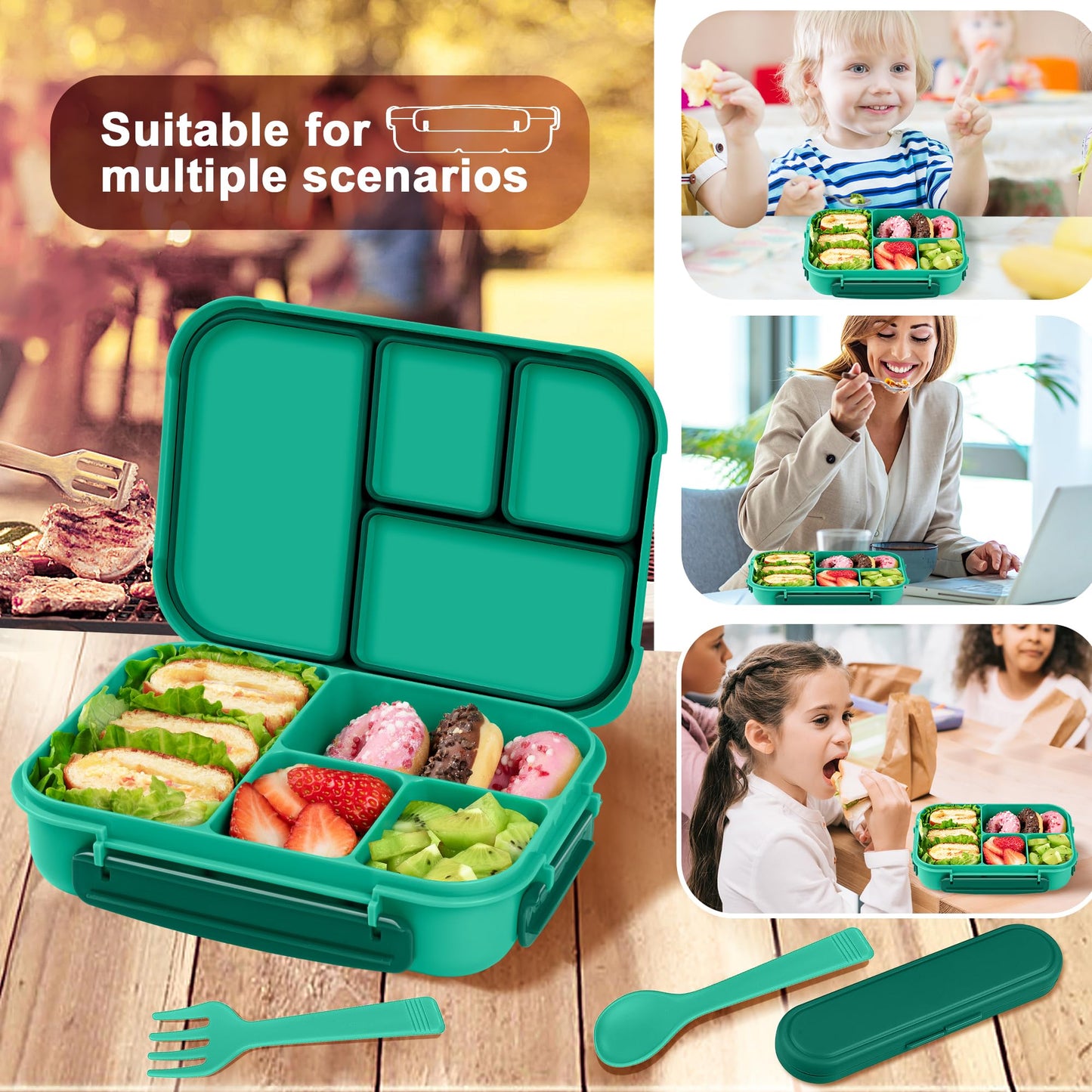 Amathley Lunch Box Kids,Bento Box Adult,Leakproof Lunch Containers for Adults/Kids/Toddler,1200ML-4 Compartments bento Lunch box with Utensil,Microwave & Dishwasher & Freezer Safe (Green)