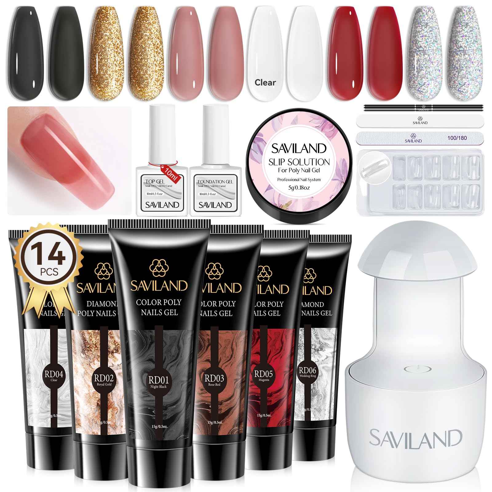 SAVILAND Poly Gel Nail Kit Starter: with 6 Colors Nail Extension Kit with U V Light Glitter Colors Rose Red Poly Gel for Beginner with Everything DIY Gift