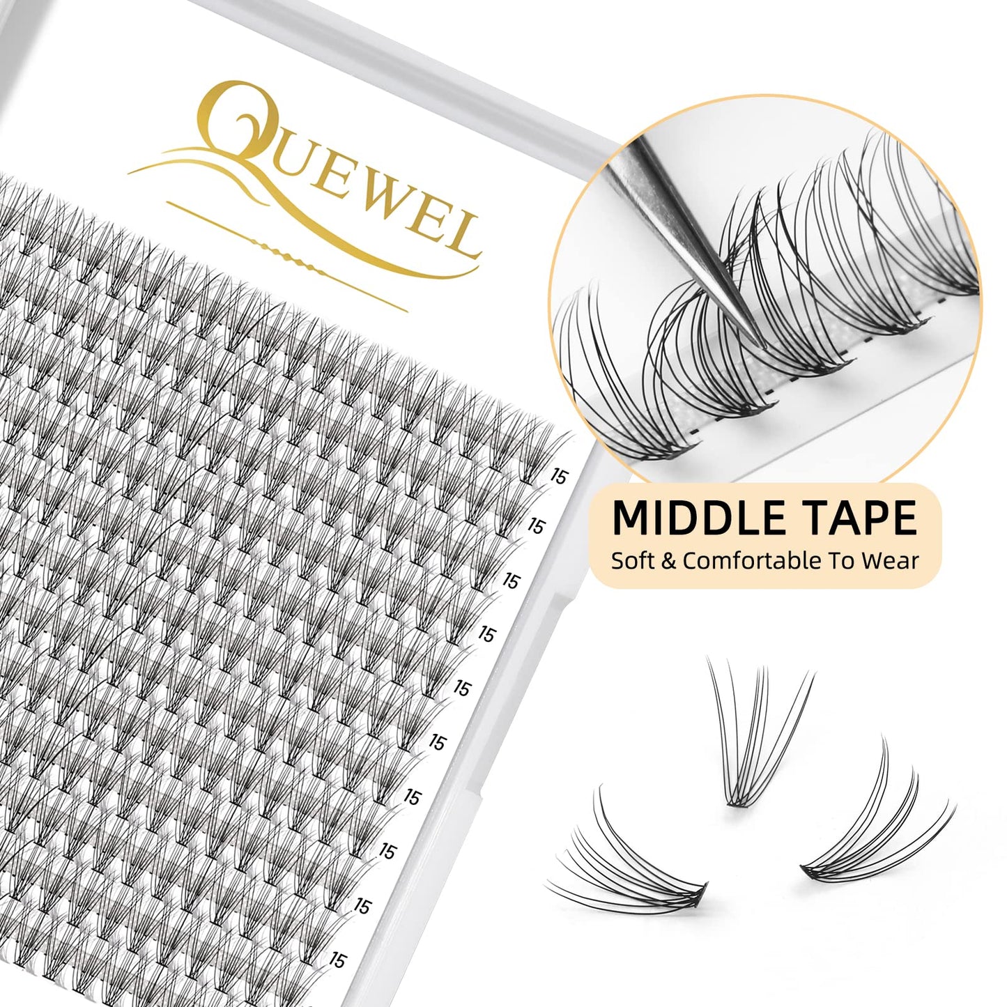 QUEWEL Cluster Lashes 240Pcs Individual Lashes 10D 0.10D Curl 15mm Knot-Free Lash Extensions Clusters Lashes Soft&Natural False Eyelashes Individual DIY Eyelash Extension at Home(10D 0.10D 15)