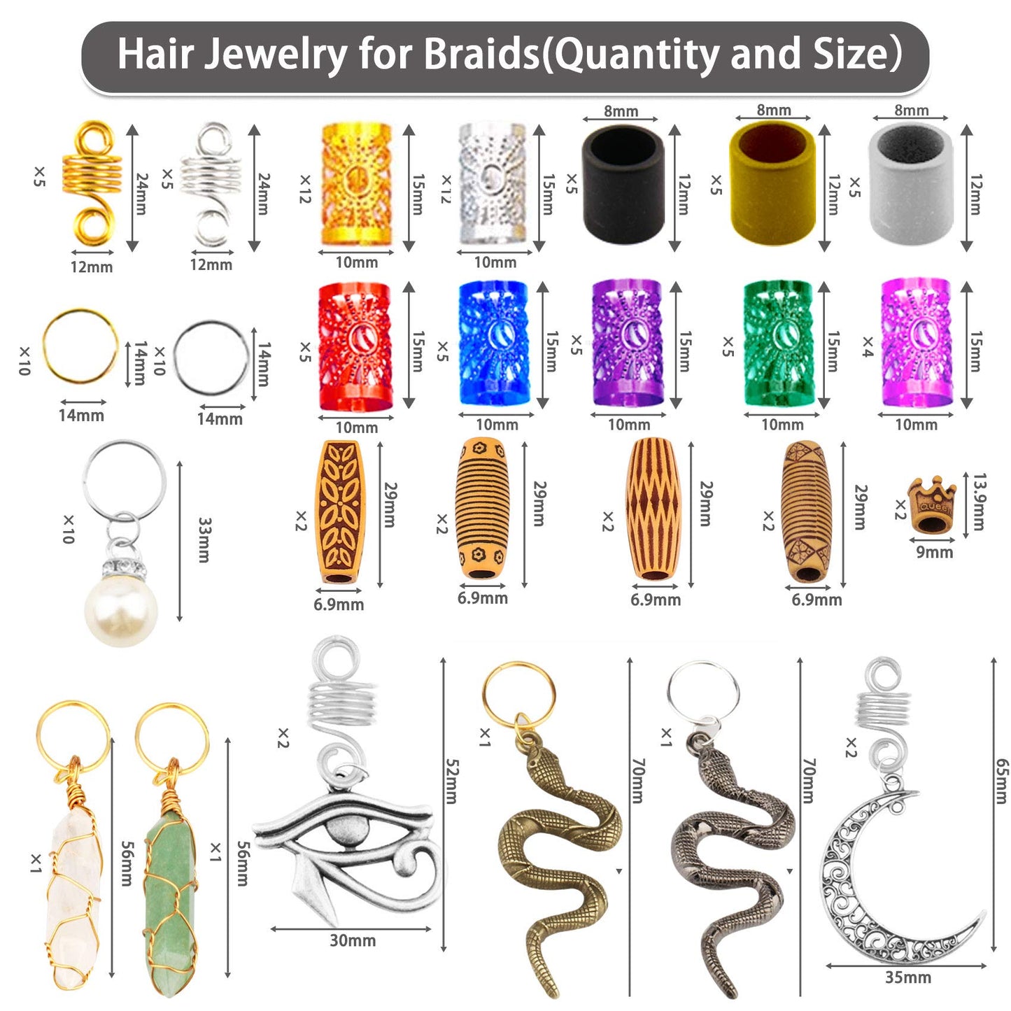 Messen 121PCS Hair Jewelry Dreadlocks Crystal Wire Wrapped Loc Adornment Imitation Wood Beads Braiding Cuffs Beard Tube Beads Hair Coils Rings Pearl Hair Pendants for Braids