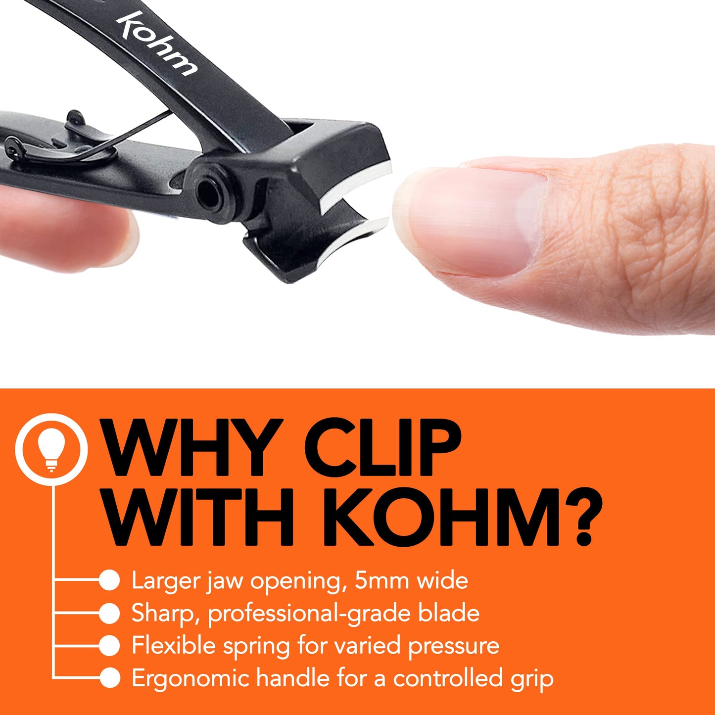 KOHM Nail Clippers for Thick Nails - Heavy Duty, Sharp Wide Mouth Professional Fingernail and Toenail Clippers for Men, Women & Seniors, Black