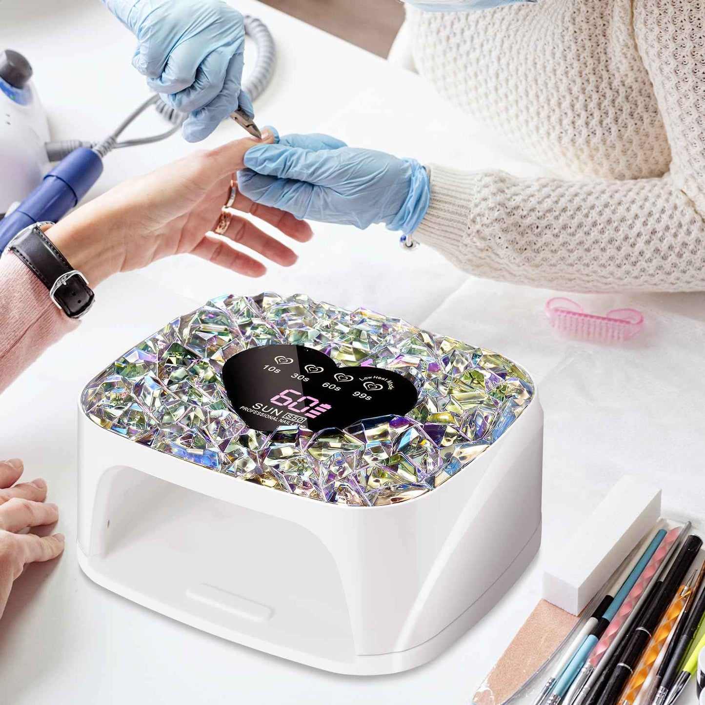 LIMEGIRL UV LED Nail Lamp Kit for Gel Polish Professional Fast White Diamond Design Curing Dryer Light Set with 4 Timers and Gloves Cordless Rechargeable Nail Art Cure Machine at Home and Salon