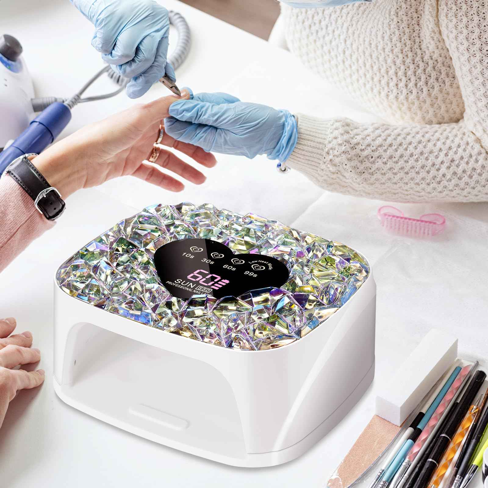 LIMEGIRL UV LED Nail Lamp Kit for Gel Polish Professional Fast White Diamond Design Curing Dryer Light Set with 4 Timers and Gloves Cordless Rechargeable Nail Art Cure Machine at Home and Salon