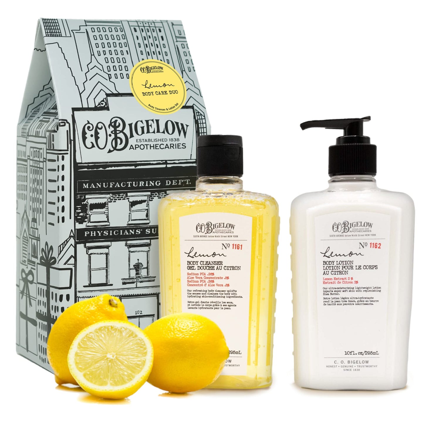 C.O. Bigelow Apothecary Duo, Lemon Body Care Gift Box with Body Soap & Lotion, Gift Set of Two - Moisturizing Lotion & Liquid Hand Wash for Dry Skin - 10fl oz Each