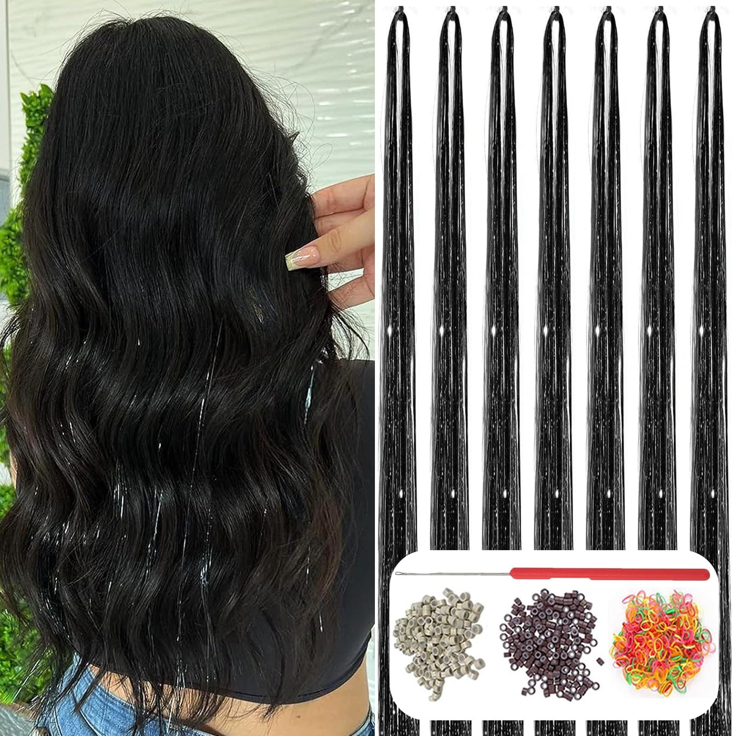 Black Hair Tinsel Kit: 48 Inches 7Pcs 2100 Sparkling Strands Glitter Tinsel Hair Extensions with Tools - Fairy Heat Resistant Hair Tinsel Accessories for Women Girls Kids