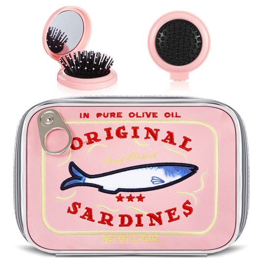 Reginary 2 Pcs Pink Canned Sardines Makeup Bag and Mini Hair Brush with Mirror Cute Cosmetic Bag Folding Hair Brush Kawaii Pencil Case Pouch Portable Travel Toiletry Bag Funny Waterproof for Women