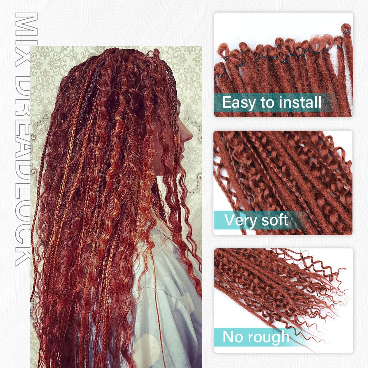 Quiduis 30 Inch 30 Strands SE Dreadlock Extensions,3 In 1 Mixed Synthetic Dreads Extensions,Maroon Red Curly&Straight&Boho Single Ended Dreads Extensions Hippie Style Dreadlock for Women…