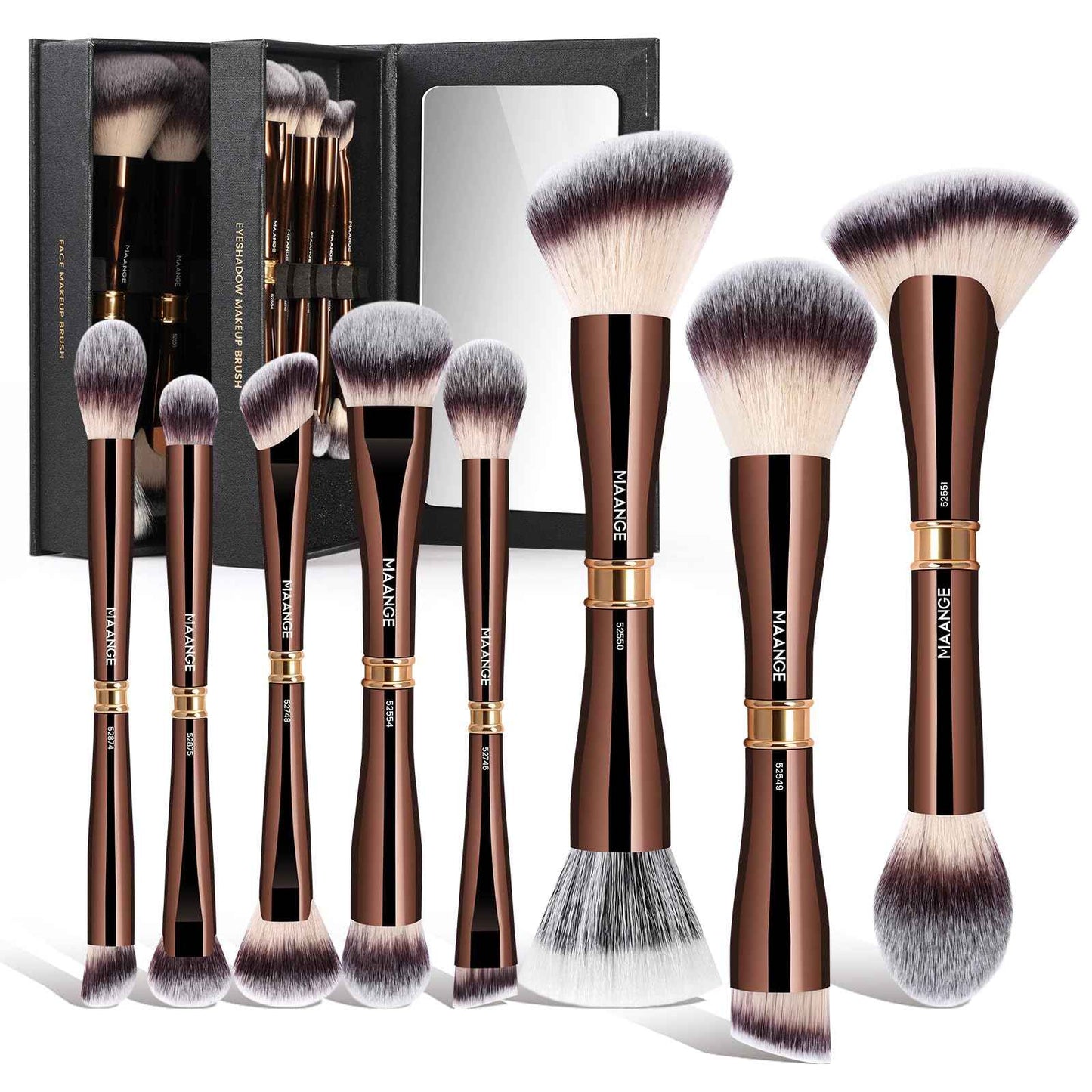 MAANGE Makeup Brush Set with Mirror Double-ended Kabuki Makeup Brushes For Foundation Contour Liquid Powder Concealer Eye Shadows Cream Cosmetics Blending Blush Makeup Tools (Coffee Brown, 8 PCS)