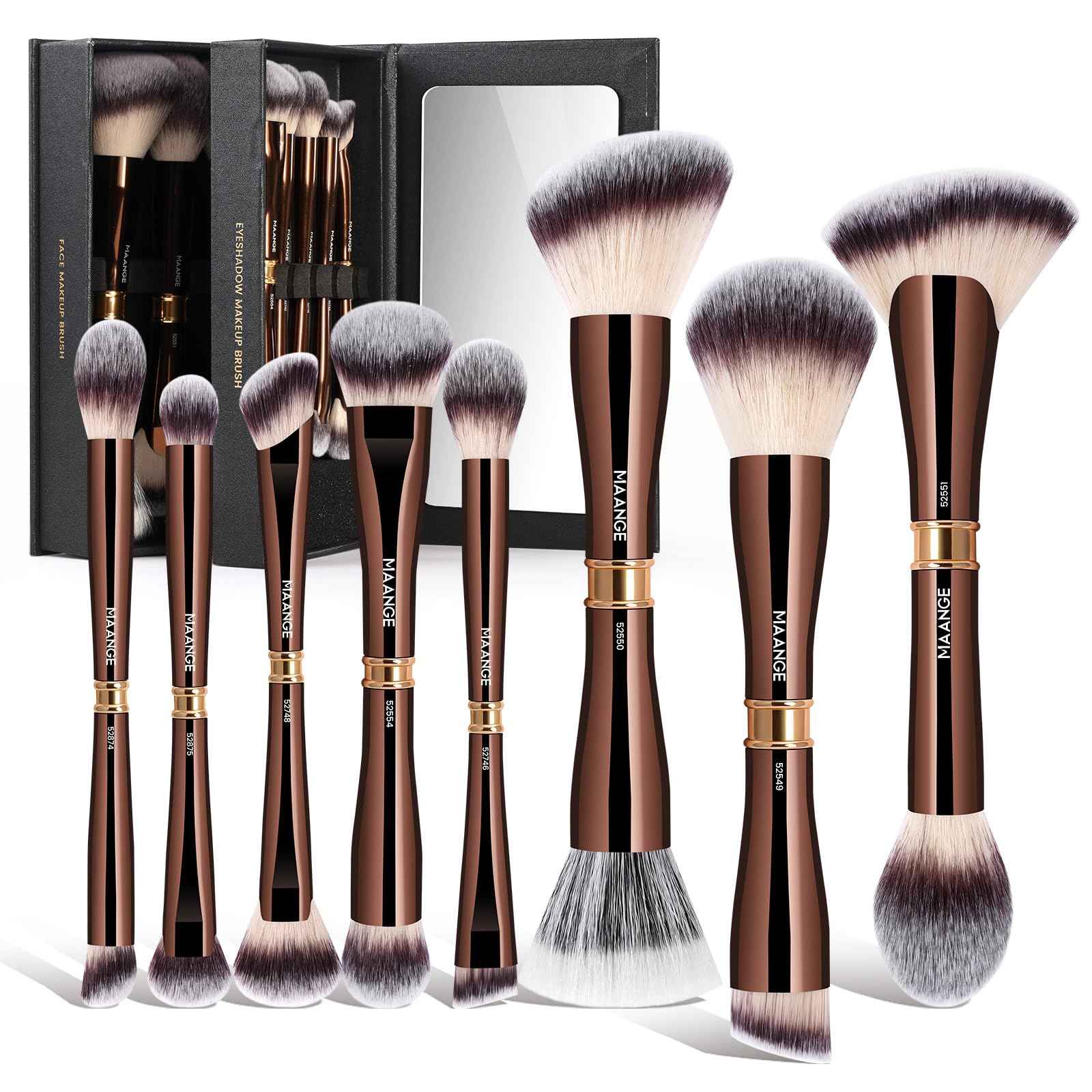MAANGE Makeup Brush Set with Mirror Double-ended Kabuki Makeup Brushes For Foundation Contour Liquid Powder Concealer Eye Shadows Cream Cosmetics Blending Blush Makeup Tools (Coffee Brown, 8 PCS)