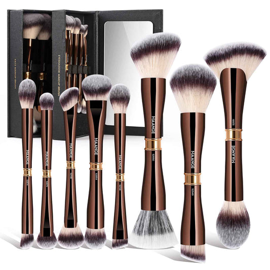 MAANGE Makeup Brush Set with Mirror Double-ended Kabuki Makeup Brushes For Foundation Contour Liquid Powder Concealer Eye Shadows Cream Cosmetics Blending Blush Makeup Tools (Coffee Brown, 8 PCS)