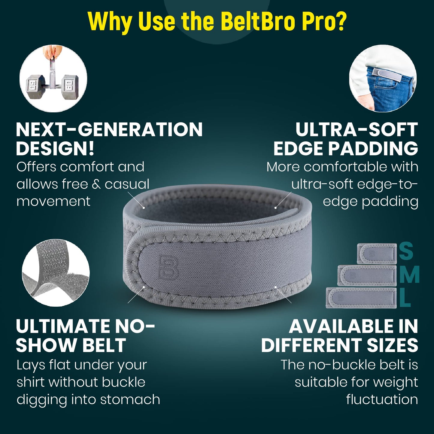 BeltBro Pro Pairs For Men – Next Generation Buckle-Free Elastic Belt With Ultra-Soft Edge Padding - Fits 1.5 Inch Belt Loops (Grey)