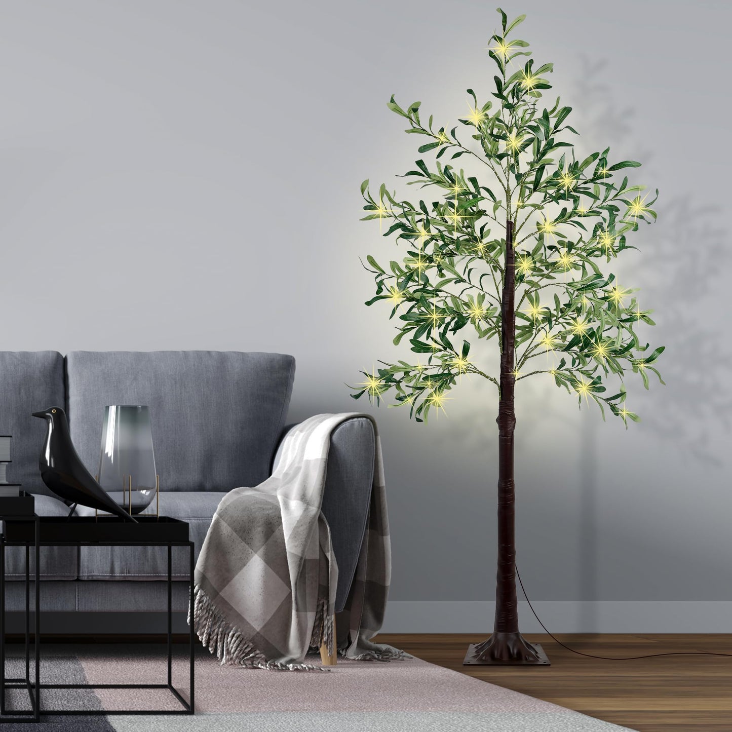 KOL 6FT Artificial Olive Tree with 300 Warm White LED Lights, Indoor Outdoor, Waterproof, 8 Flash Modes, 4 Brightness Adjustments, Timing Function, Easy Assembly, Satisfied Service