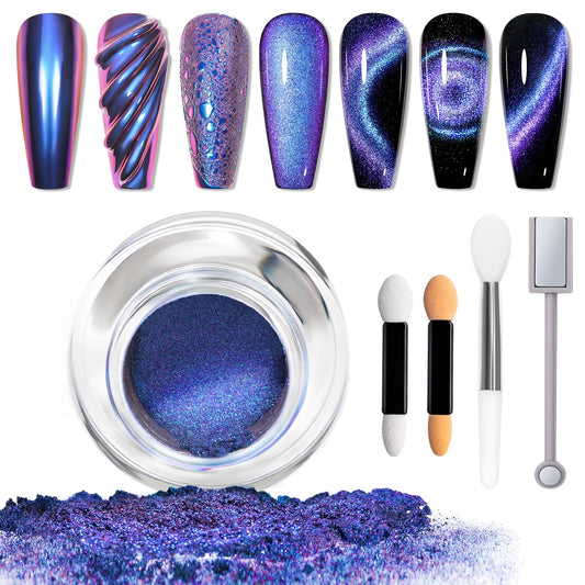 MIZHSE 9D Cat Eye Chrome Nail Powder Mirror Effect Blue Magnetic Glitter Pigment Powder for Gel Nails Chameleon Cateye Magic Galaxy Nail Art Powder with Magnet