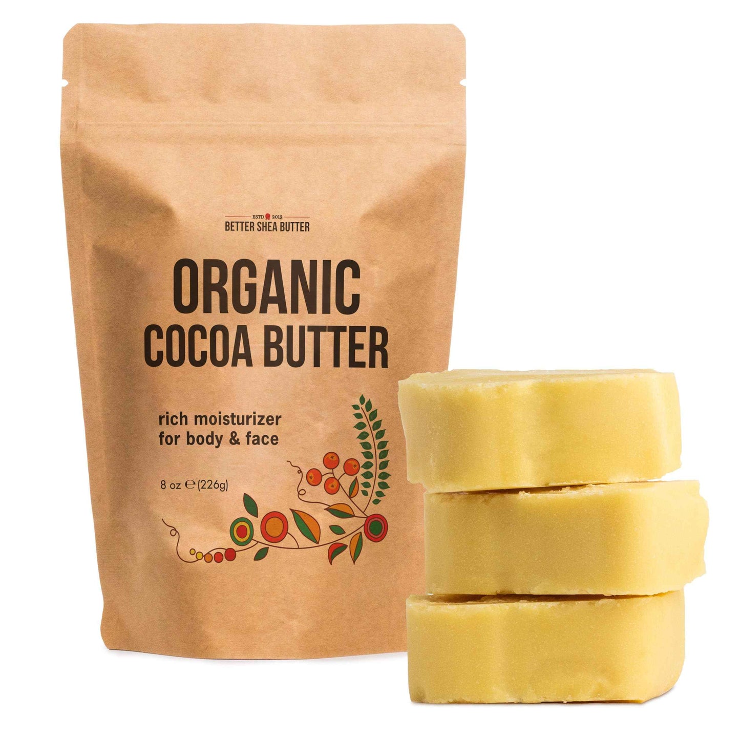 Organic Cocoa Butter Raw Unrefined - Food Grade USDA Certified - for Scars, Stretch Marks Cream - 100% Cocoa Butter Raw Organic for Skin Moisturizer, Lip Balm 8 oz