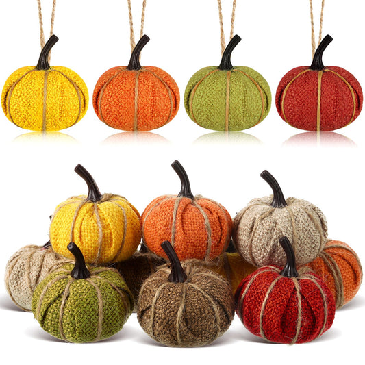 Fall Pumpkin Hanging Ornament Mini Burlap Fabric Thanksgiving Pumpkin Hanging Tree Ornaments for Fall Thanksgiving Halloween Christmas Party Tree Mantel Wall Home Decor Crafts(Mixed Color,12 Pcs)