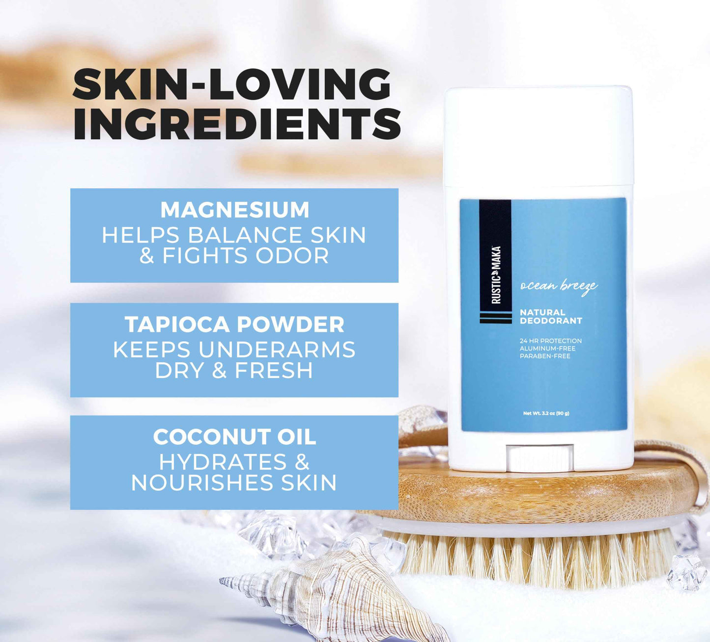 Rustic MAKA Natural Deodorant for Women, Ocean Breeze, Free of Aluminum, Parabens and Baking Soda, Cruelty-Free, Continuous Odor Control (Pack of 2)