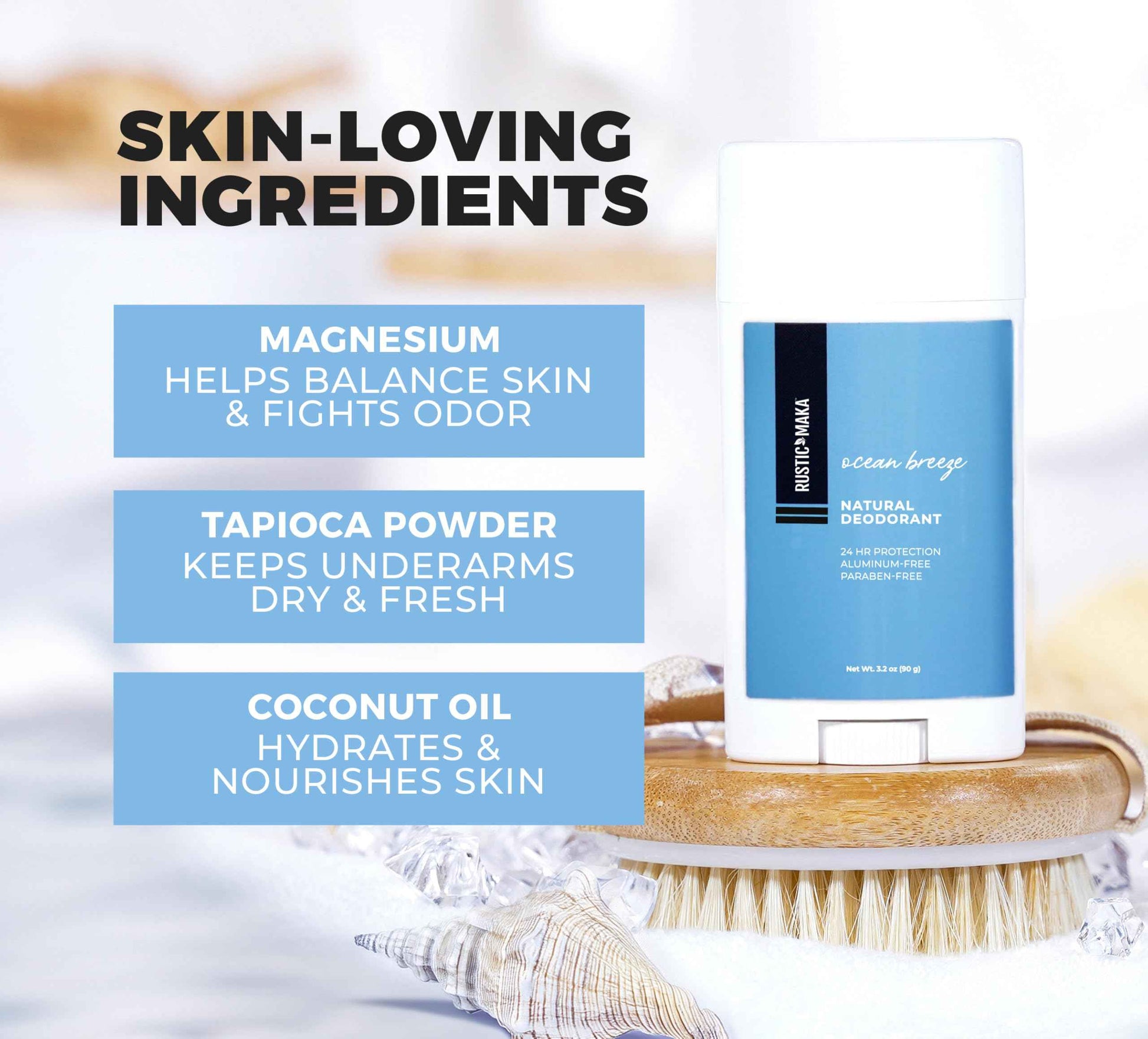 Rustic MAKA Natural Deodorant for Women, Ocean Breeze, Free of Aluminum, Parabens and Baking Soda, Cruelty-Free, Continuous Odor Control (Pack of 2)