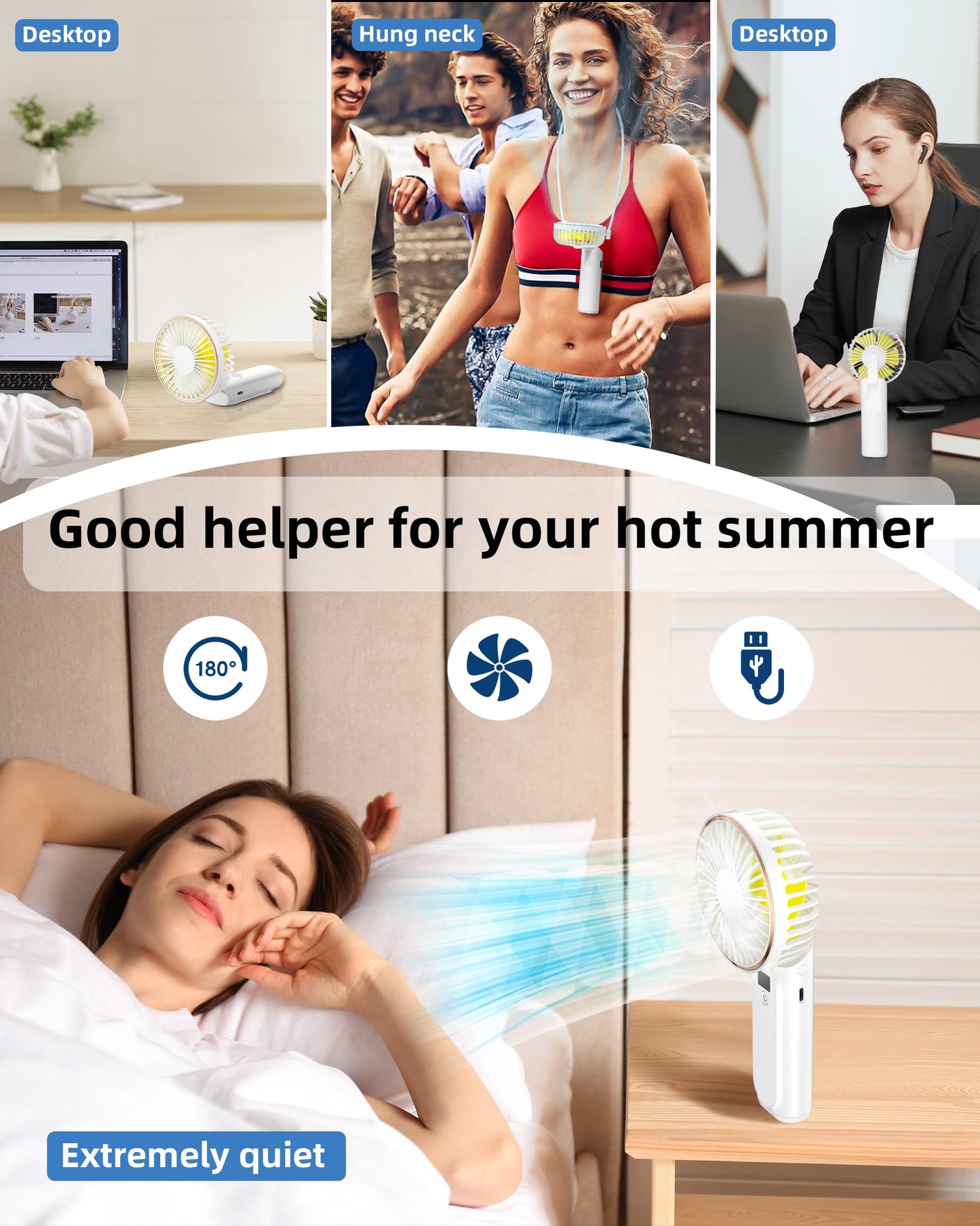 TUNISE Portable Handheld Fan, Portable Fan Rechargeable, 4000mAh, 180° Adjustable, 6 Speed Wind, Display Electricity in Real Time, USB Rechargeable Foldable Fan, Quiet Personal Fan with Power Bank