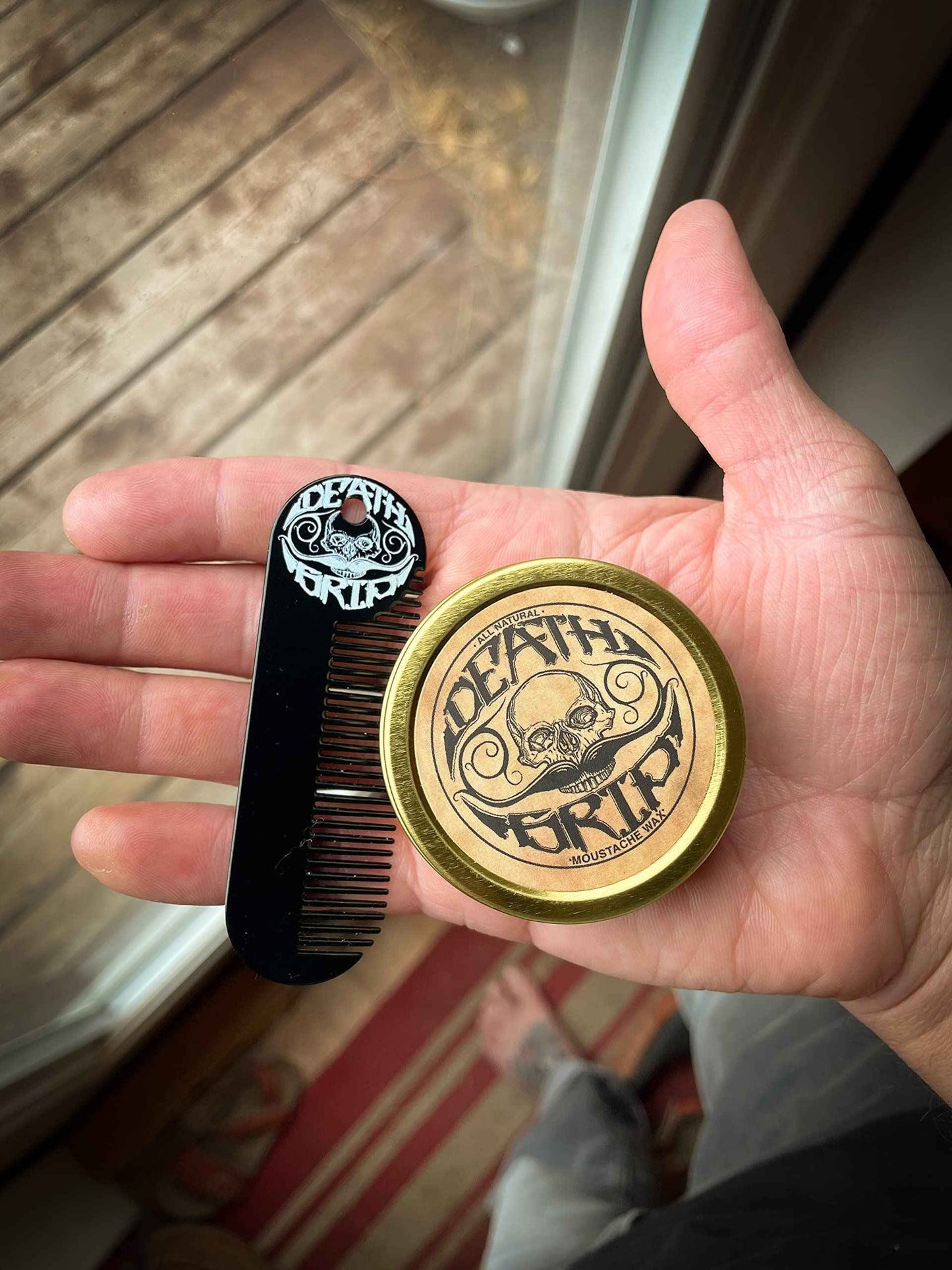 The Vintage Beard Company Death Grip Extra Strong Hold Mustache Wax and Death Grip Mustache Keychain Comb Set