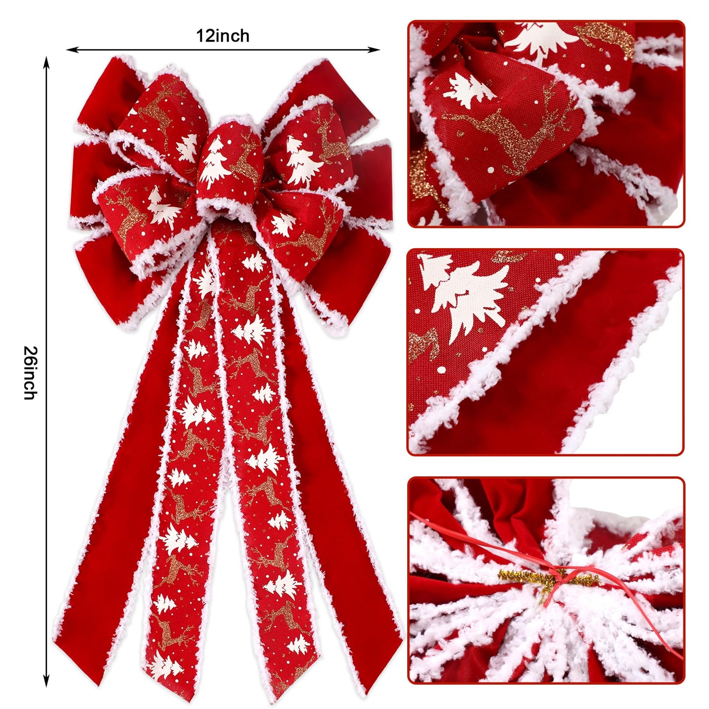 Riceshoot 6 Pcs Extra Large Red Christmas Wreath Bows Outdoor Decorations 26 x 12" Giant Christmas Tree Topper Velvet Glitter Bows Red Buffalo for Xmas Holiday Outside Supplies(Reindeer)