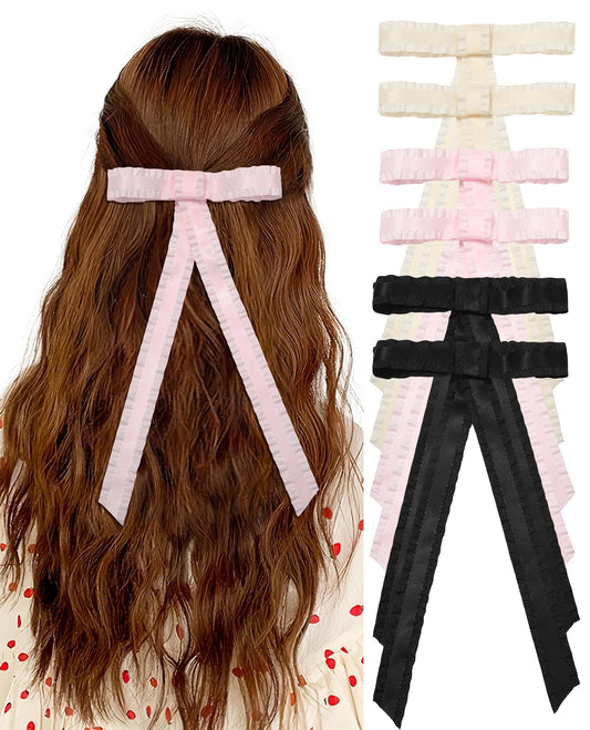 6 PCS Hair Bow Clips for Women-Silky Satin Hair Ribbon Hair Bow Clips Tassel Bowknot Hair Clips with Long Tail Hair Barrettes with Bow Accessories for Women Girls(Pink+Black+Beige)