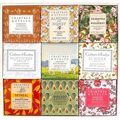 Crabtree & Evelyn Classics Bar Soap 9 Pc Set 3.5 oz ea. (Gardeners, Summer Hill, Nantucket, Avocado, Almond Milk.)