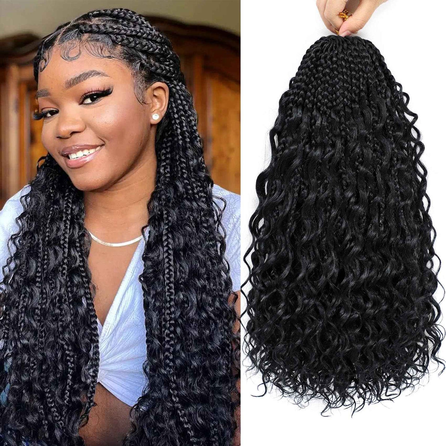 Eerya 8 Packs Boho Goddess Box Braids Crochet Hair for Black Women 16 inch Pre-looped Bohemian Crochet Box Braids With Curly Ends Synthetic Crochet Hair Extensions (16 inch, 1B)