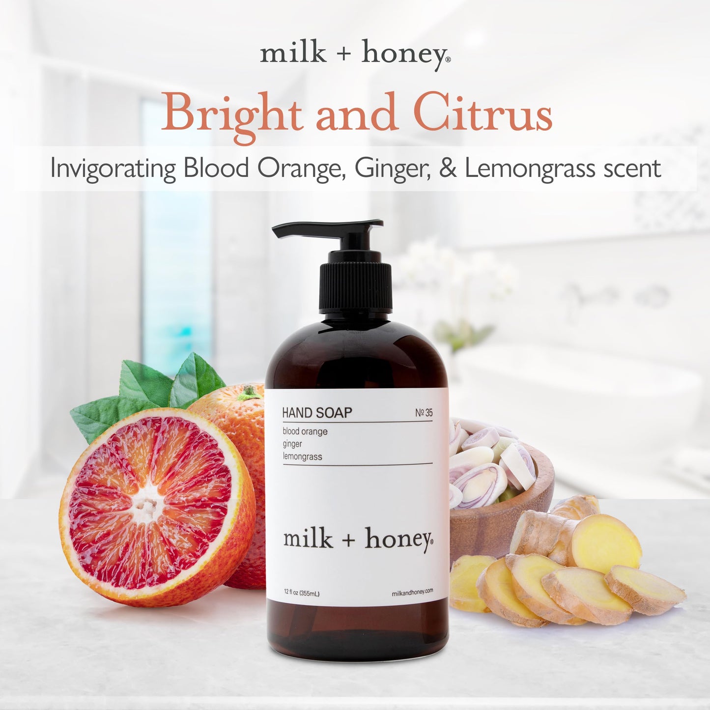 milk + honey Liquid Hand Soap No. 35, Moisturizing Hand Soap with Blood Orange, Lemongrass, and Ginger, Bright and Citrus Natural Hand Soap, 12 Fl Oz