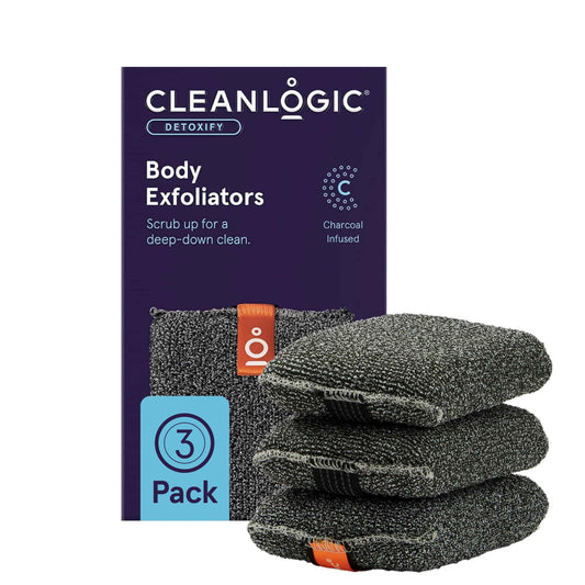 Cleanlogic Detoxify Purifying Charcoal Infused Exfoliating Body Scrubber, Reusable Exfoliator Tool for Smooth and Softer Skin, Daily Skincare Routine, 3 Count Value Pack