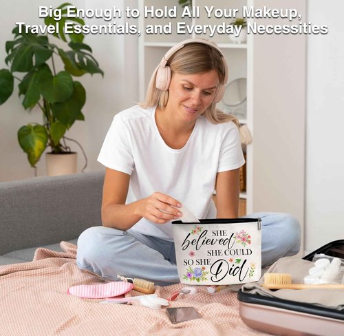 Beshoul Floral Cosmetic Bag, Inspirational Gifts for Women Friends, She Believed She Could So She Did Flower Makeup Bag, Tween Party Favors -A08