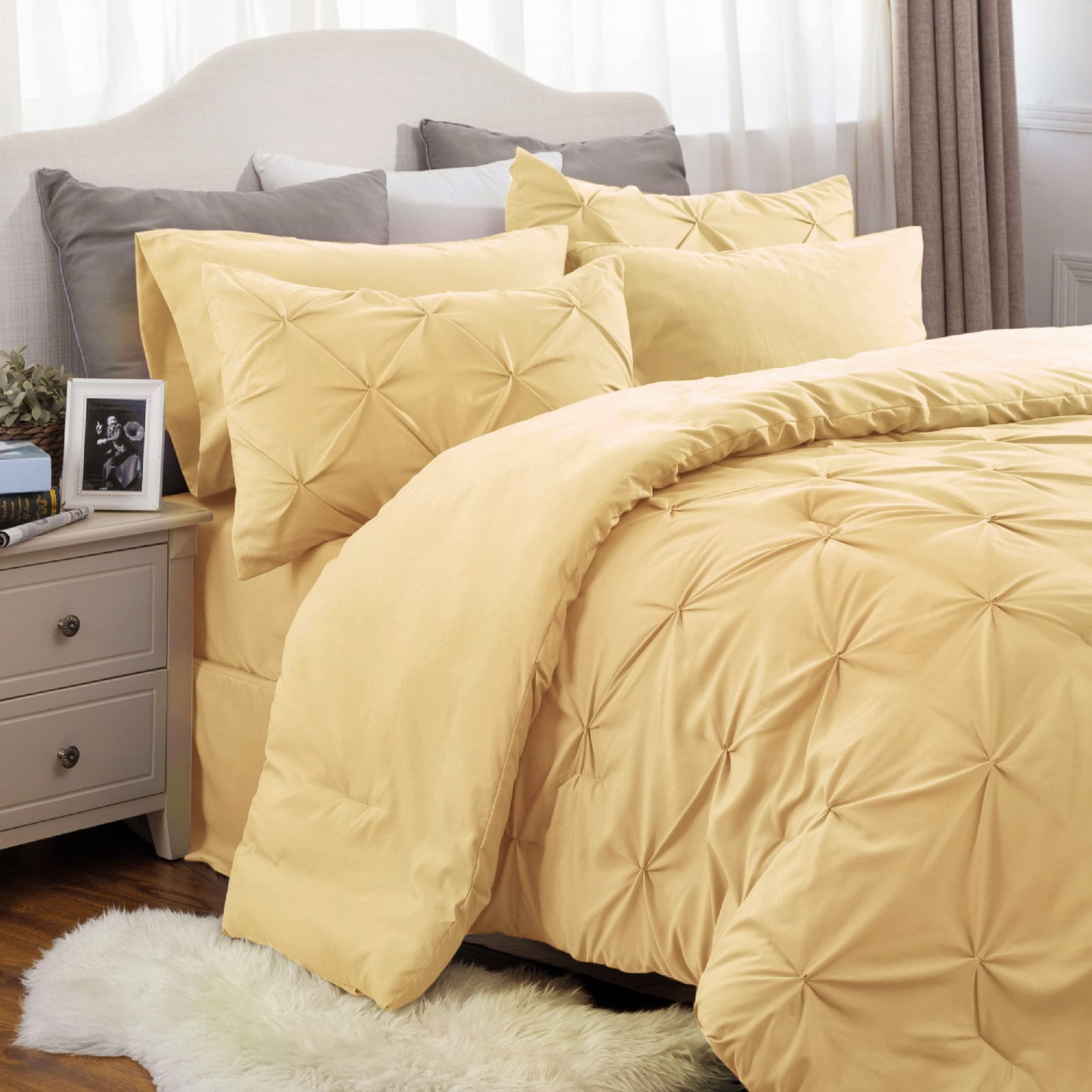 Bedsure Twin Comforter Set with Sheets - 5 Pieces Twin Bedding Sets, Pinch Pleat Yellow Twin Bed in a Bag with Comforter, Sheets, Pillowcase & Sham