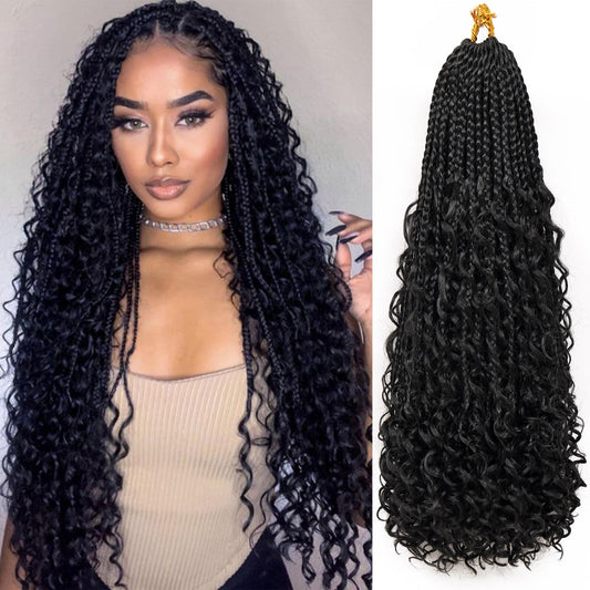 Eerya 8 Packs Boho Box Braids Crochet Hair for Black Women 18 inch Goddess Box Braids Pre-looped Bohemian Crochet Box Braids With Curly Ends Synthetic Crochet Hair Extensions (24 inch, 1B)