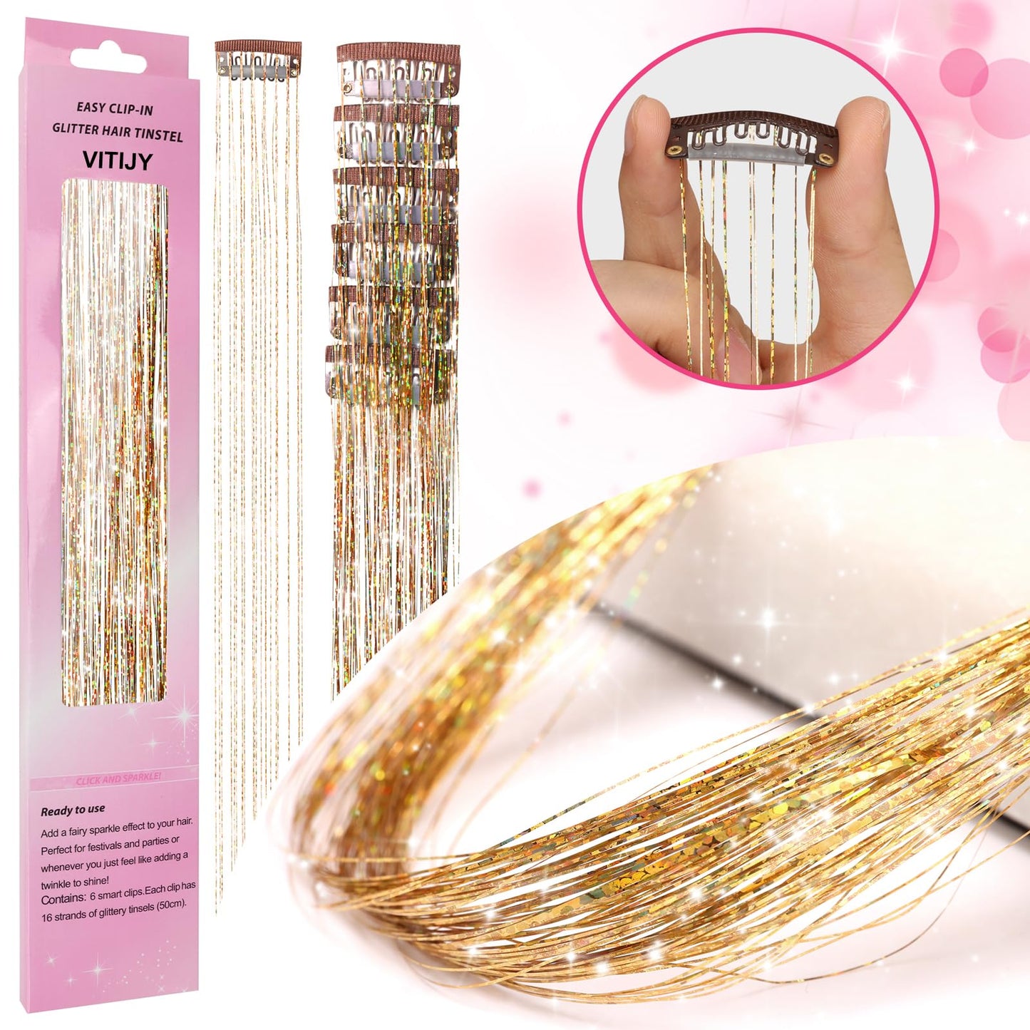 Pack of 18 Pcs Clip in Hair Tinsel Kit, 23.6 Inch Heat Resistant Glitter Tinsel Hair Extensions, Fairy Hair Sparkle Strands Party Birthday Gift Hair Accessories for Women Girls Kids (Purple)