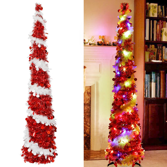 AerWo Pop up Tinsel Christmas Tree, 5 Ft Skinny Pencil Christmas Tree, PreLit Red Artificial Christmas Tree with 60 Led Color Light for Indoor Home Room Holiday Party Xmas Decoration