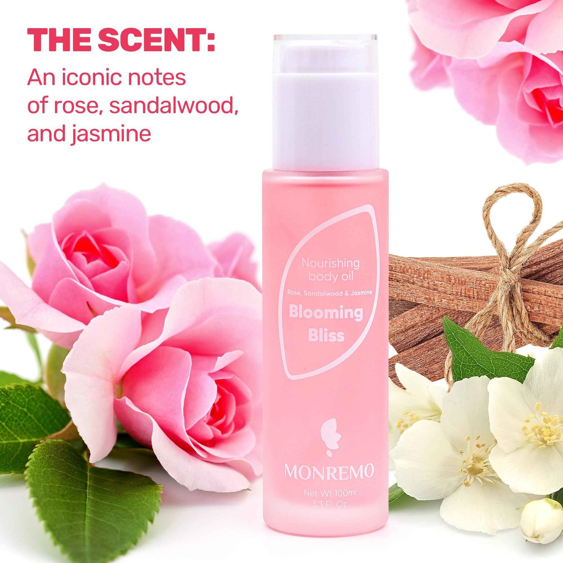 MONREMO Nourishing Body Oil | Hydrating Squalane, Sweet Almond, Rose, Sandalwood & Jasmine Extracts, Apricot Kernel, Safflower & Castor Oils, Fast-Absorbing Moisturizer for Dry Skin, After Shower Care