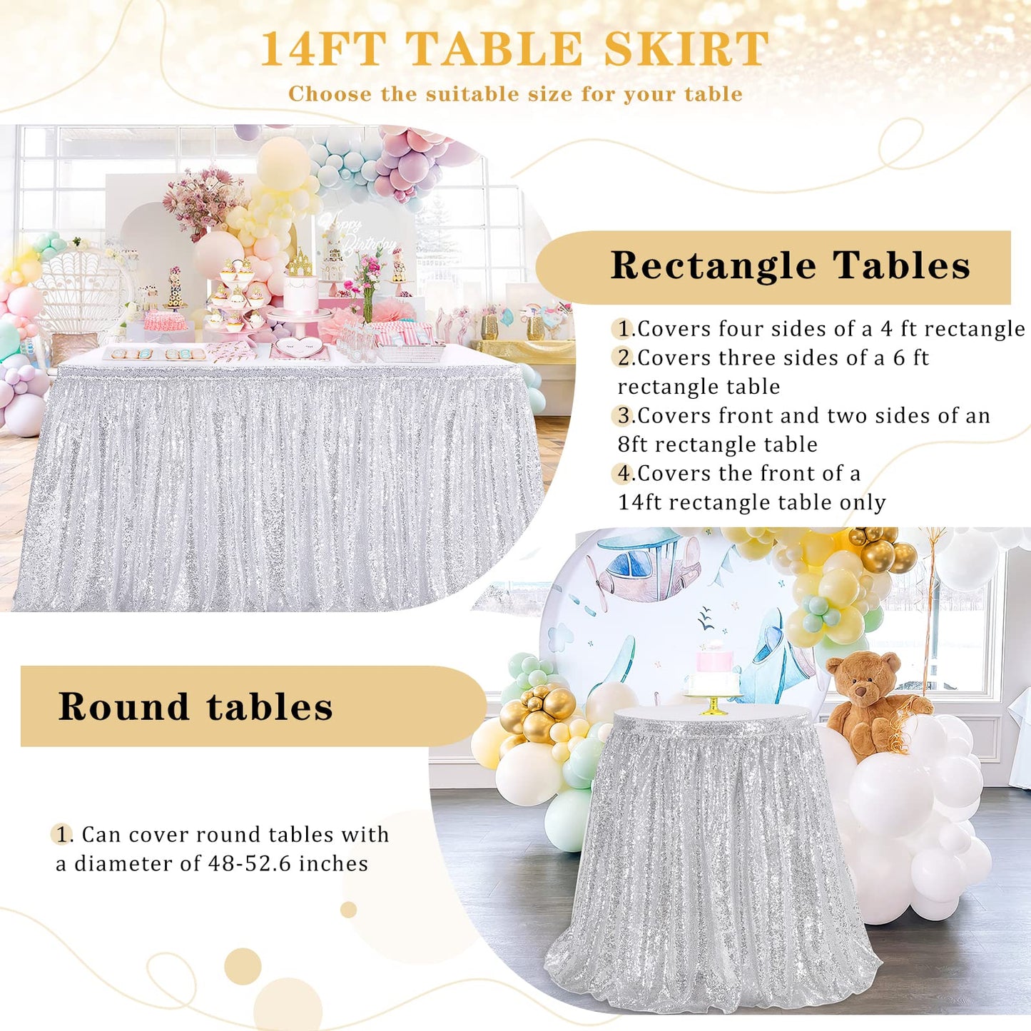 Glitter 14ft Silver Table Skirt for Rectangle Table Sequin Christmas Table Skirt for Party Baby Shower Birthday Dessert Table Exhibition Reception