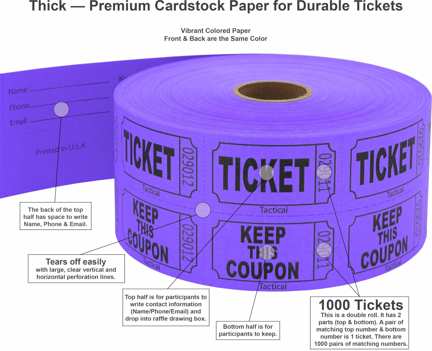 1000 Tacticai Raffle Tickets, Purple (8 Color Selection), Double Roll, Ticket for Events, Entry, Class Reward, Fundraiser & Prizes