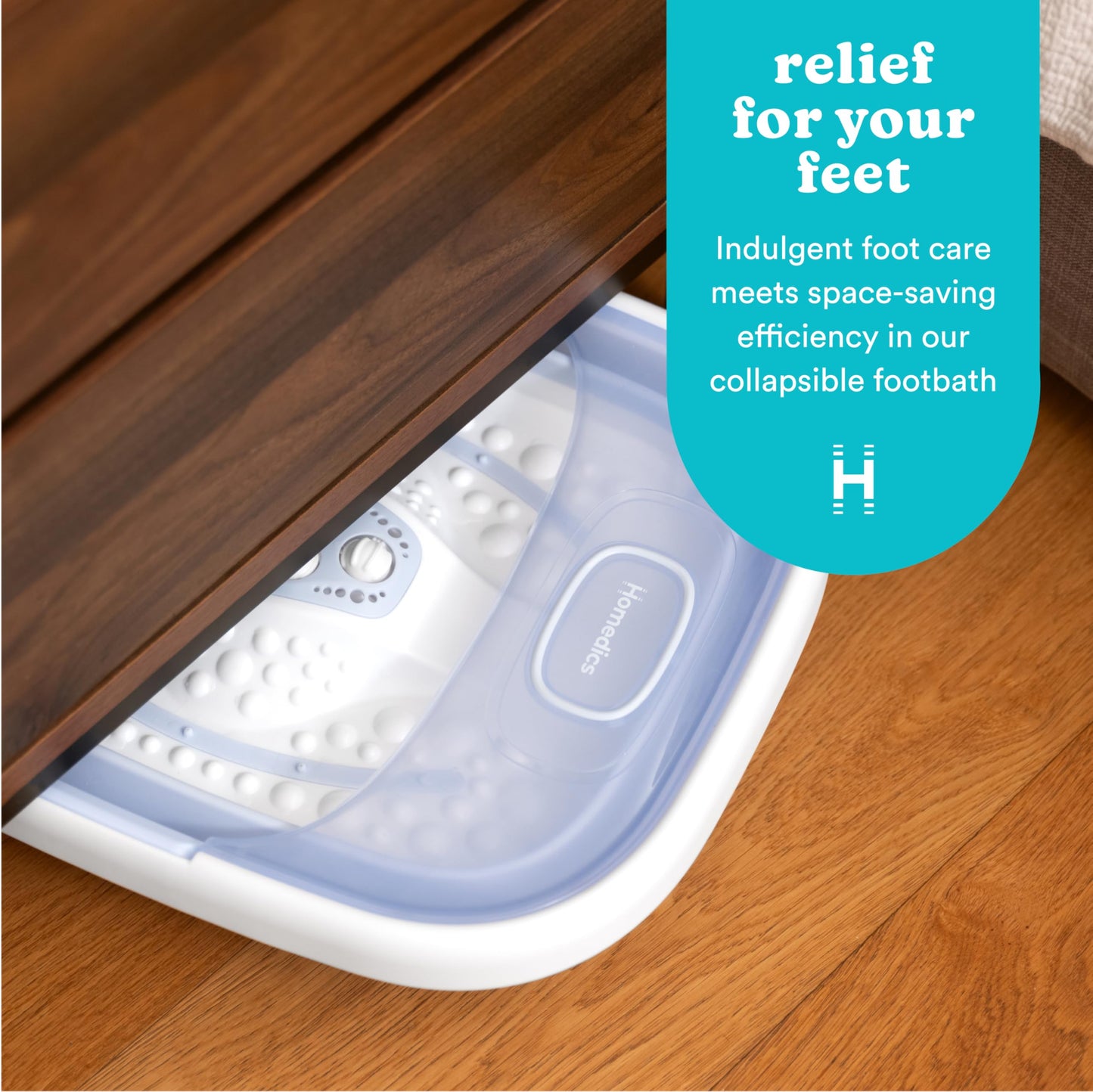 Homedics Smart Space Essential Collapsible Footbath, Invigorating Bubble Massage, Heatkeep Technology, Patented Collapsible Design, Safety-Lock System, Safe for Bath Salts, Bath Salts Included