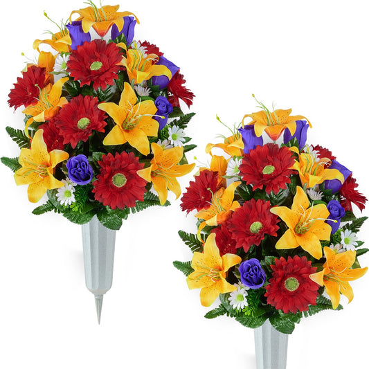 XONOR Artificial Cemetery Flower for Graves, Set of 2 Cemetery Memorial Flowers with Vase for Gravesite Outdoor Headstone Tombstone Decorations, Artificial Lily Rose Gerbera Flowers Bouquets