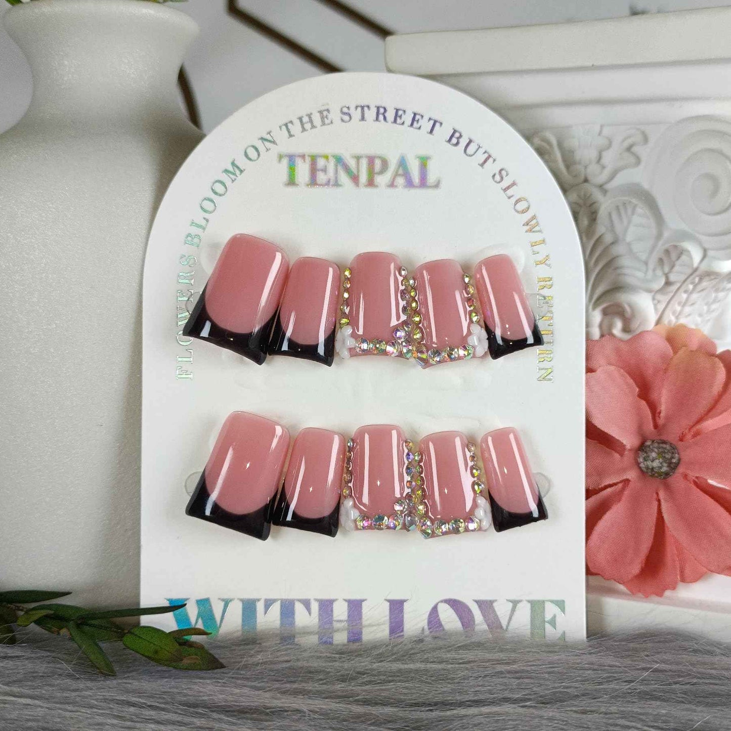 TENPAL Handmade Duck Nails Press on,Pink & Black French Tip Duckbill Tips with Rhinestone Edge,10PCS Glossy Glue on Nails Kit,Glitter Acrylic False Nails with Design,Y2K Punk Fake Nail for Women(M)