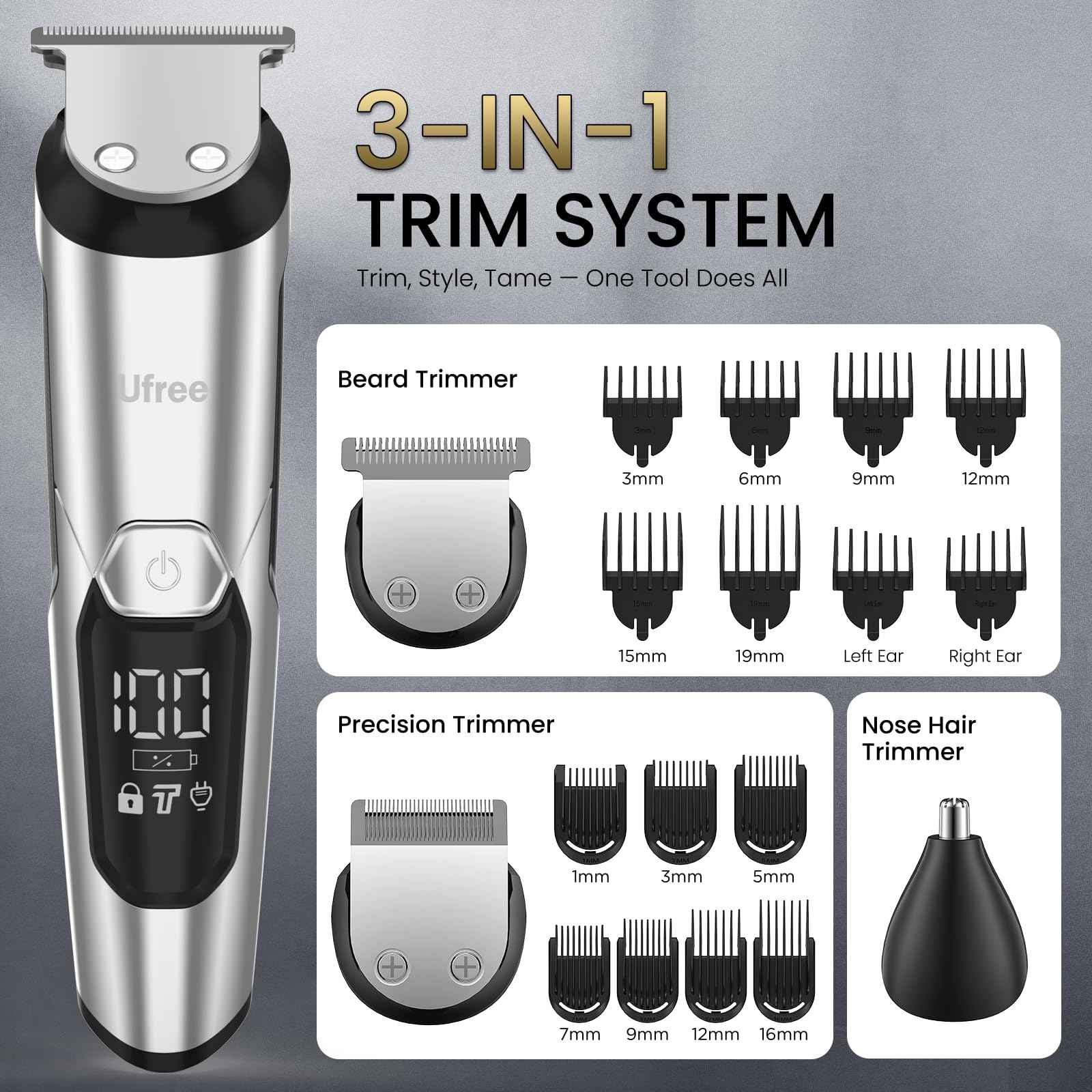 Ufree 3-in-1 Beard Trimmer Kit, Men's Electric Shaver Razor for Mustache Body Nose Facial Hair, Professional Hair Trimmer, Rechargeable Clippers, Waterproof Beard Grooming, Birthday Gifts for Men