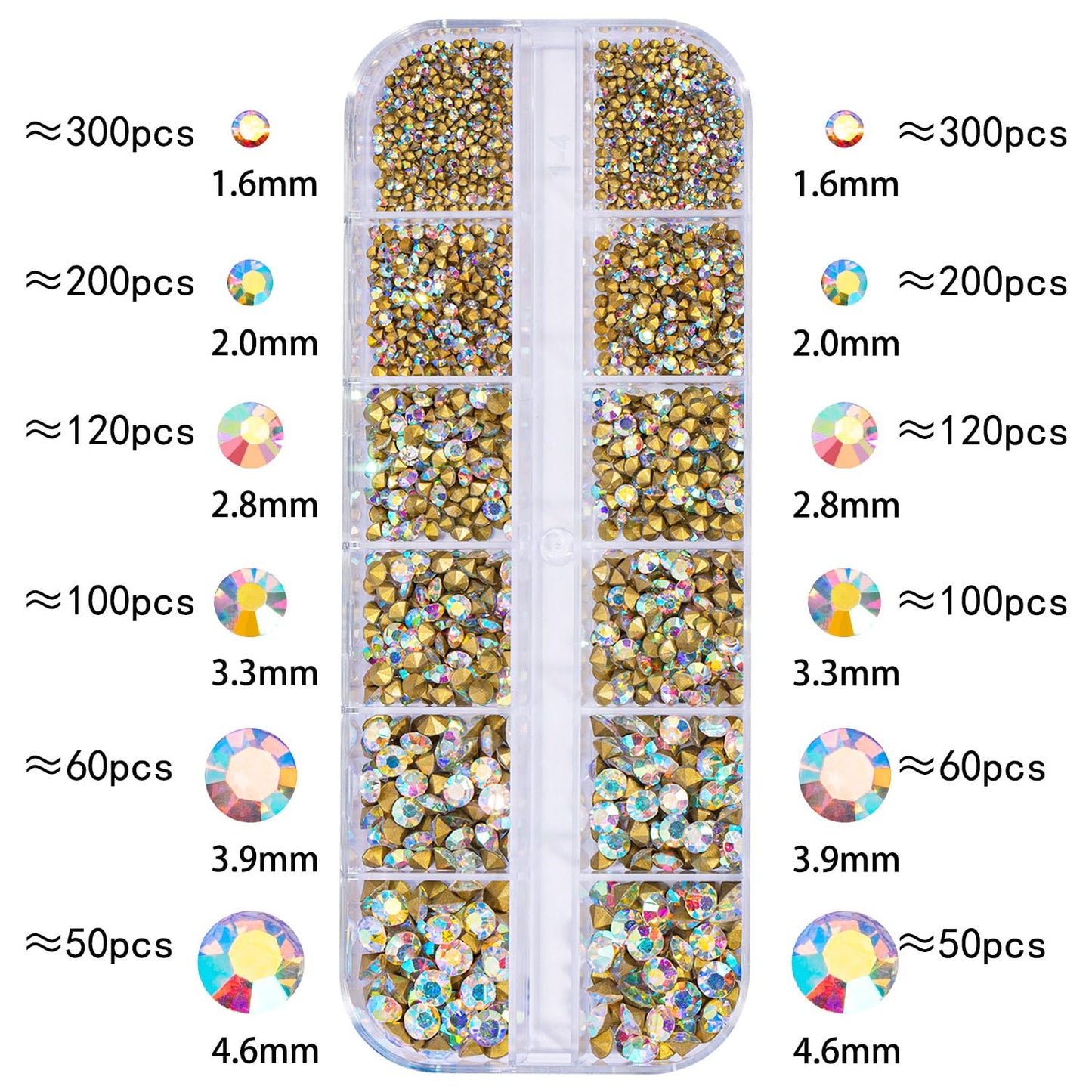 1 Box 12Grids Nail Art Rhinestones Kit 1660Pcs Nail Gems AB Aurora Charms Gem Stones, with Storage Organizer Box/Size(1.6mm-4.6mm) for Nail Art Craft