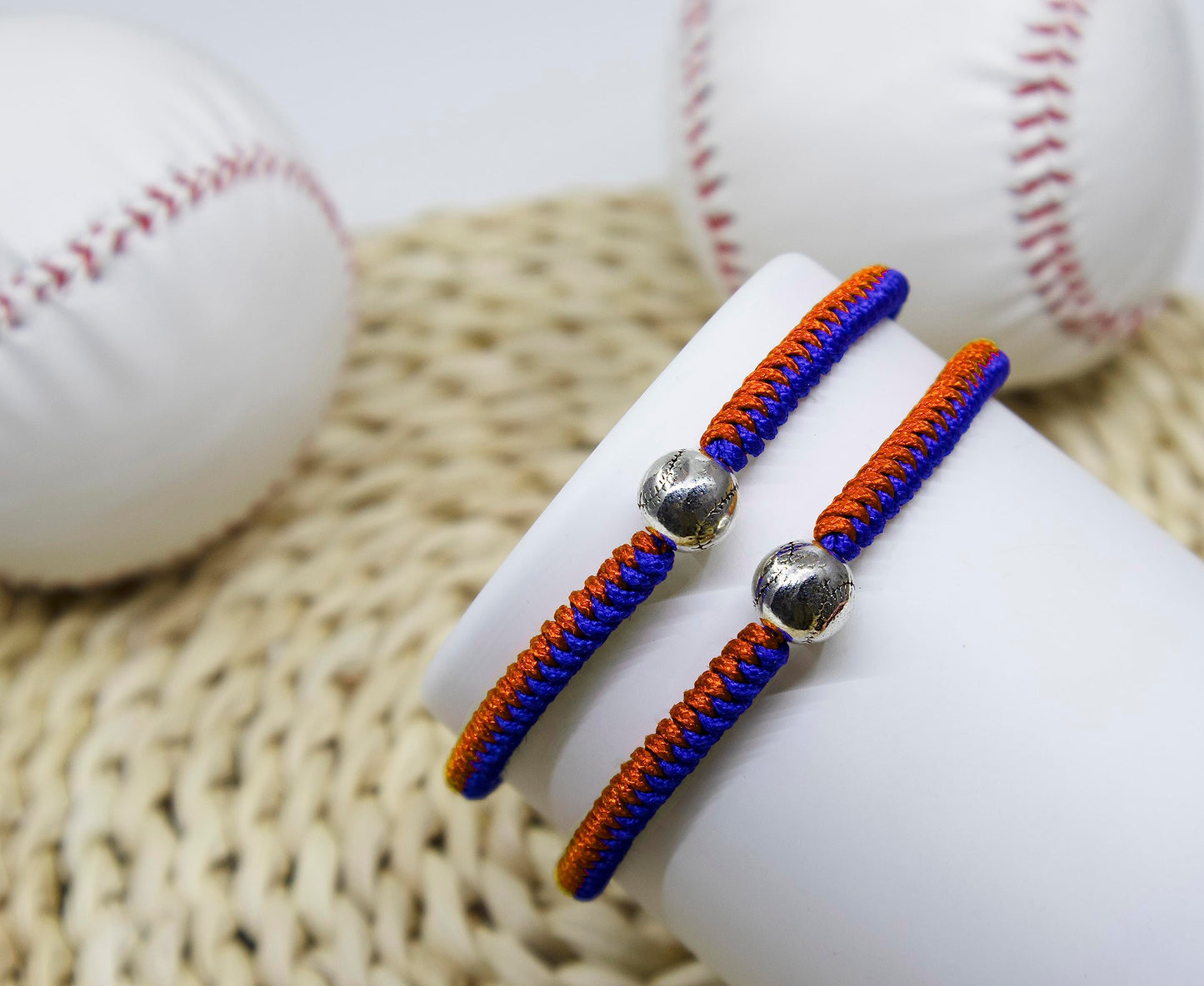 Handmade Braided Bracelets Baseball Gifts for Boys Adjustable Wristbands with Baseball Beads, Inspirational Baseball Bracelets for Girls Teens Adults (Blue Orange 2PCS)