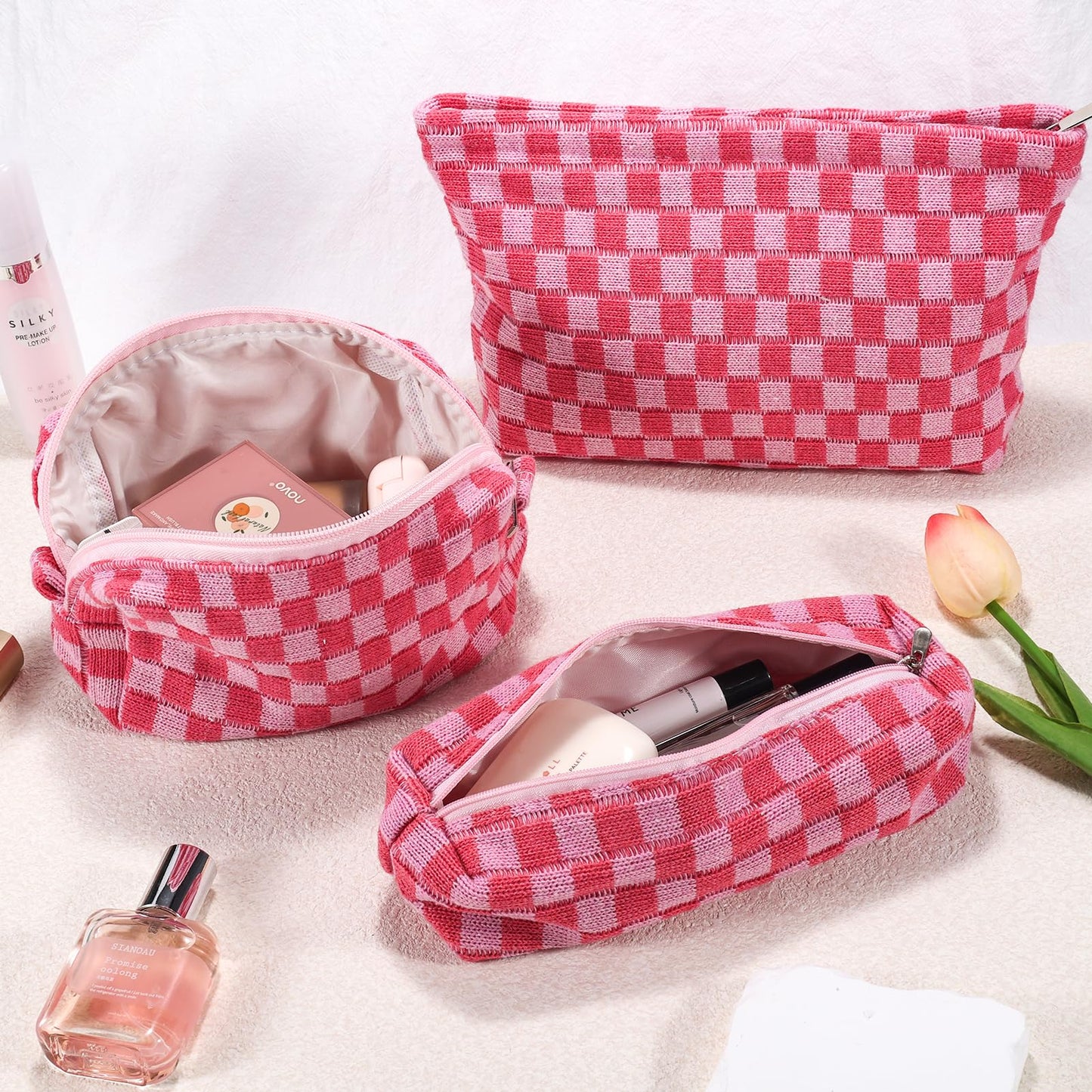 ZLFSRQ 3Pcs Checkered Makeup Bag for Women Large Medium Small Pink Cosmetic Bag Set Travel Makeup Pouch for Purse Zipper Toiletry Organizer Cute Washable Preppy Trendy Makeup Brushes Storage Bag