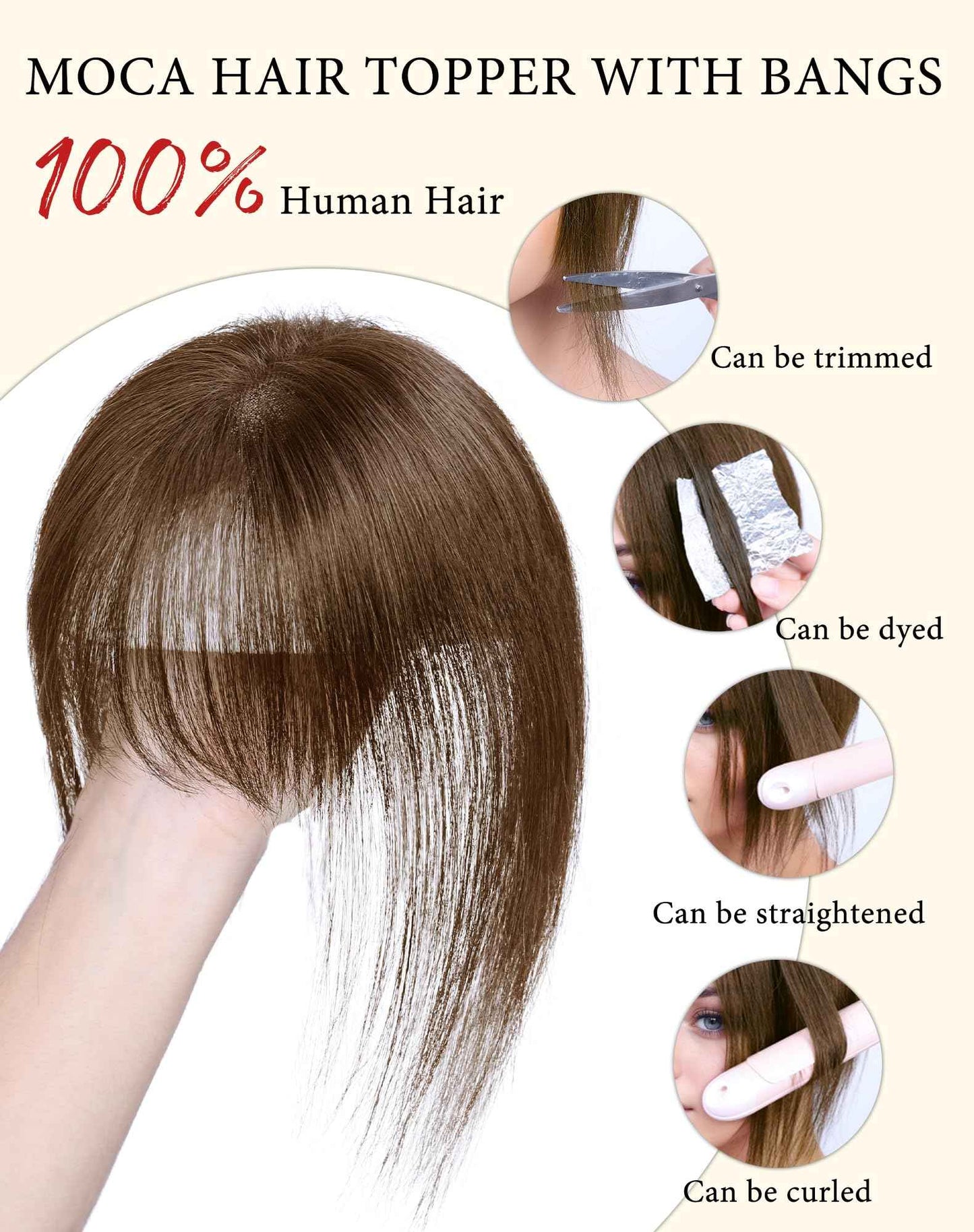 Hair Toppers for Women Real Human Hair, Bangs Hair Clip 360°3D Cover Clip on Bangs for Women Fake Bangs for Daily Wear (10 Inch Brown)