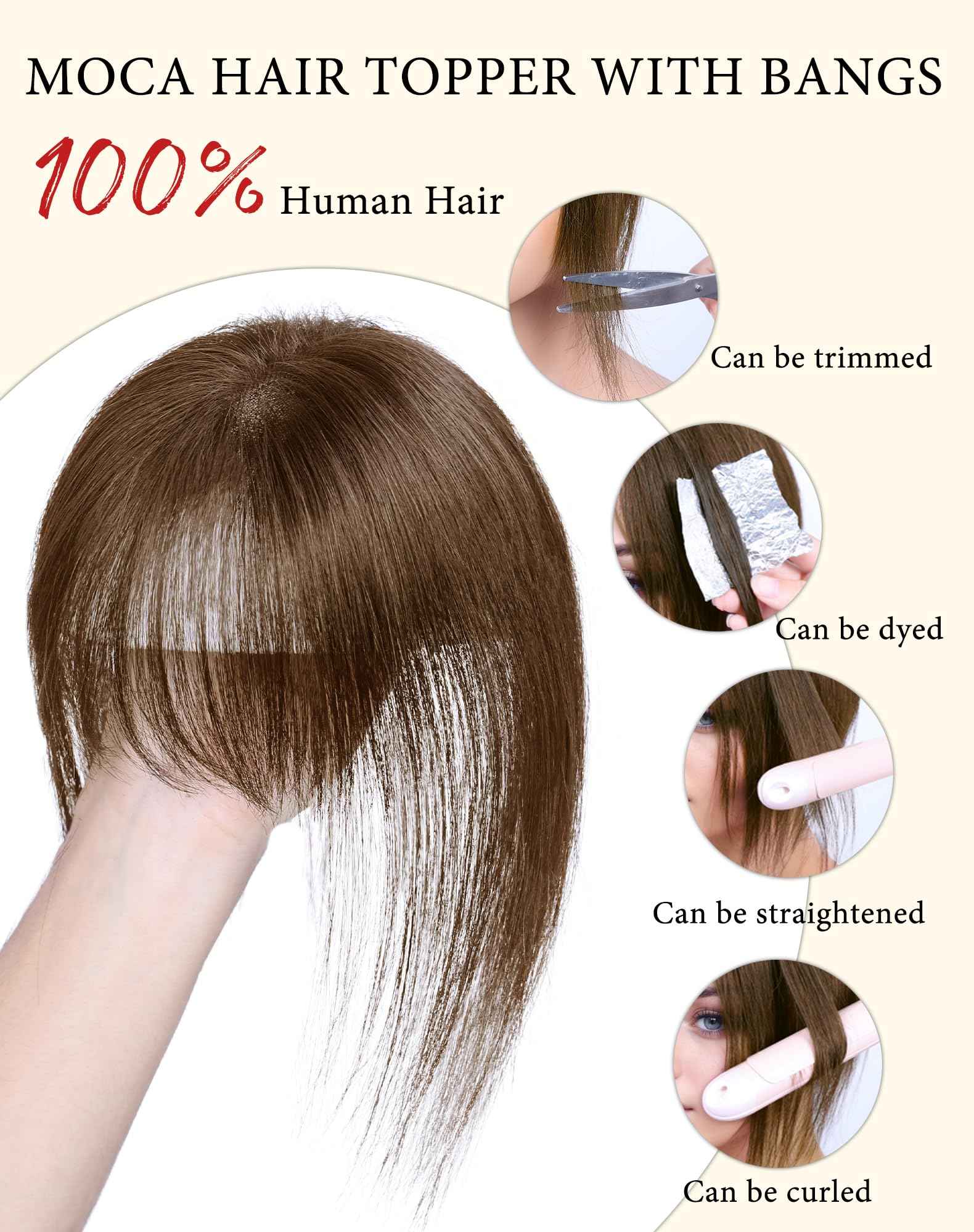 Hair Toppers for Women Real Human Hair, Bangs Hair Clip 360°3D Cover Clip on Bangs for Women Fake Bangs for Daily Wear (10 Inch Brown)