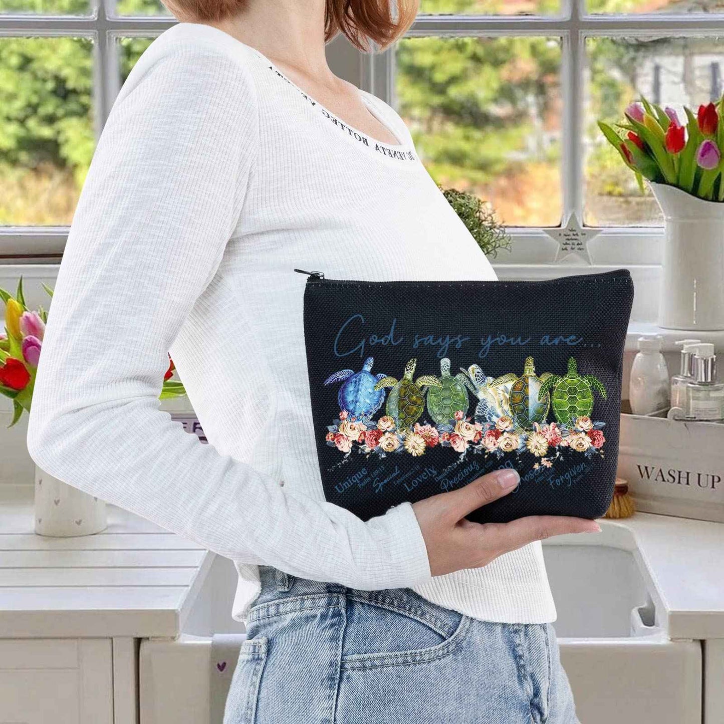 LEVLO Sea Turtle Cosmetic Make Up Bag Turtle Lover Gift God Says You Are Unique Special Lovely Chosen Forgiven Makeup Zipper Pouch Bag(God Says Turtle Black)